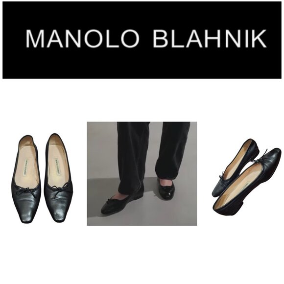 Manolo Blahnik black leather calfskin ballet flats with bows Size EU 38.5 - Picture 1 of 11